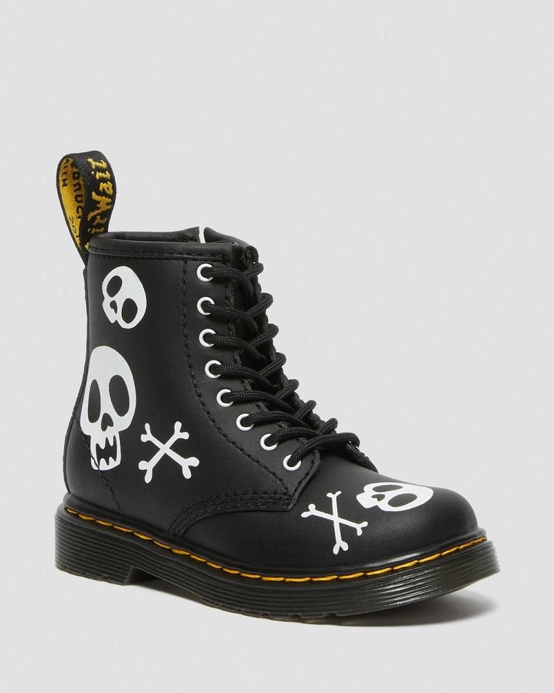 Kids\' Dr Martens Toddler 1460 Skull & Bones Leather Lace Up Boots Black / White | AU 704AHK